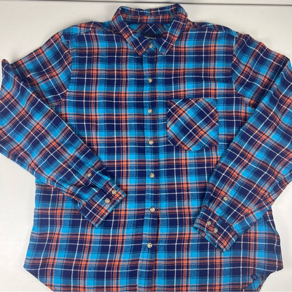 Marmot Flannel Shirt Women’s XL Blue Orange Plaid Long Sleeve Button Down EUC - Picture 1 of 11